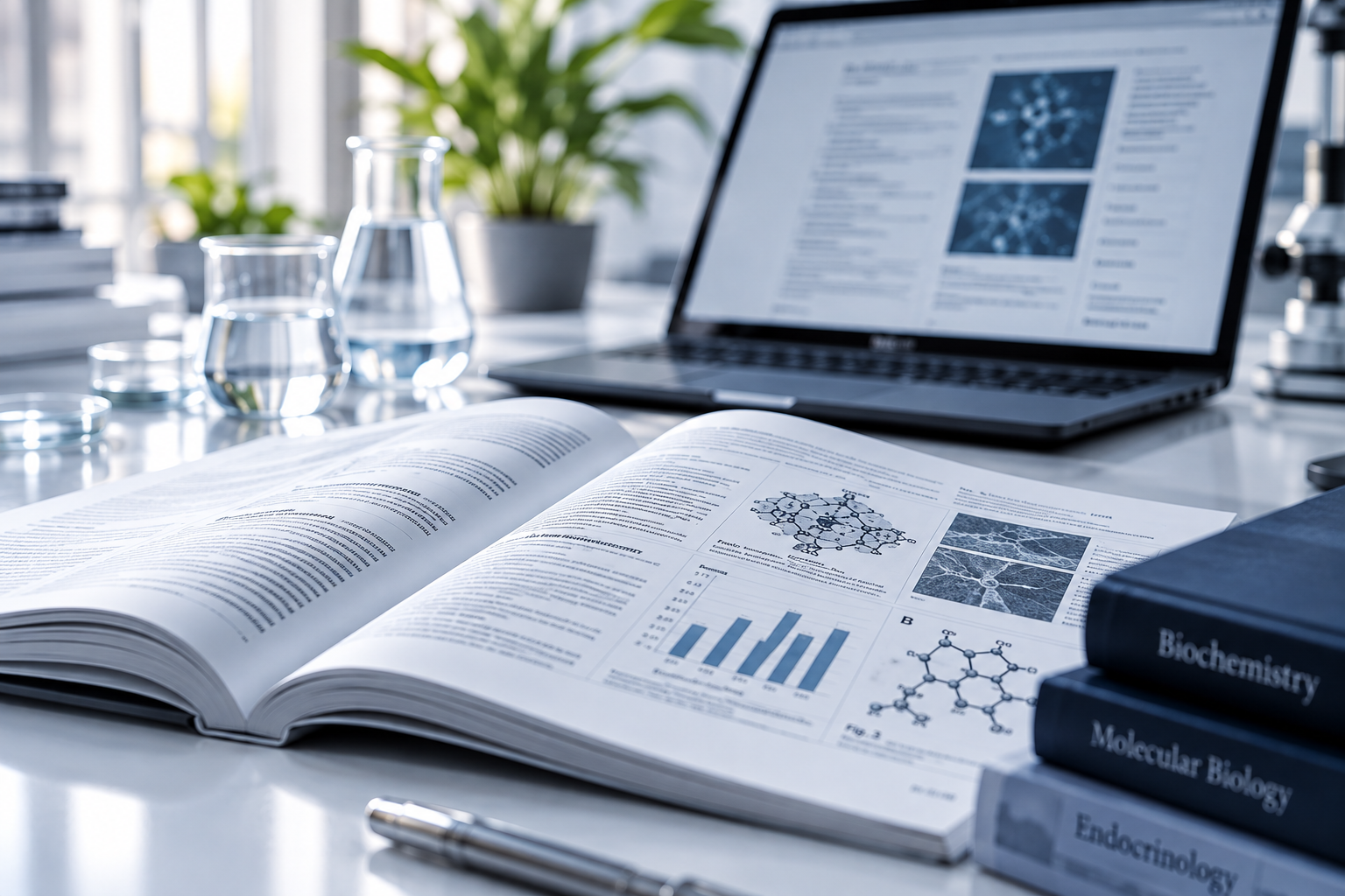 Laborarbeit: aufgeschlagenes Fachbuch mit Molekülstrukturen neben Glaskolben und Laptop